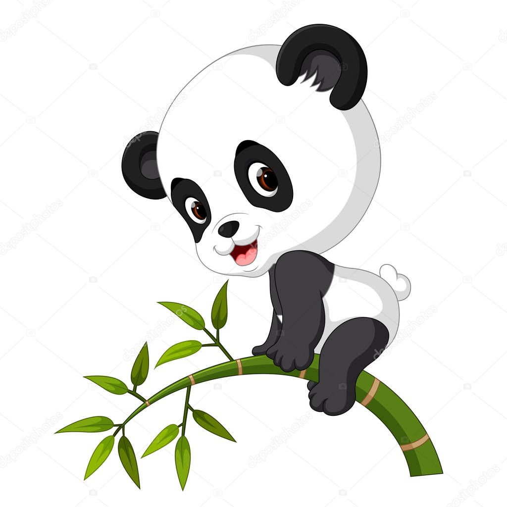 Cute funny baby panda hanging on the bamboo