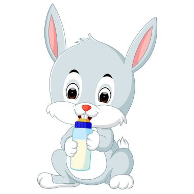Çizgi film sevimli tavşan şişe süt meme başı ile tutarak