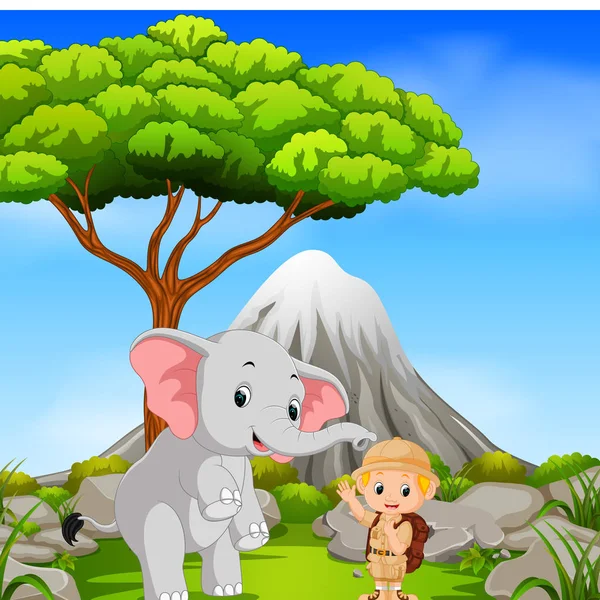 Zookeeper Elefante Posando Con Escena Montaña — Vector de stock