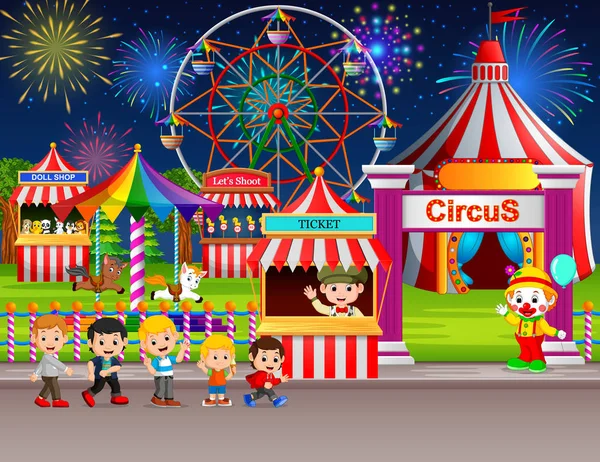 Many Childrens People Worker Having Fun Amusement Park Night — Stock Vector