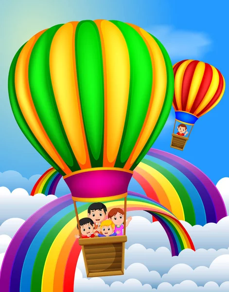 Mongolfiere Che Volano Con Bambini Felici Scena Arcobaleno — Vettoriale Stock