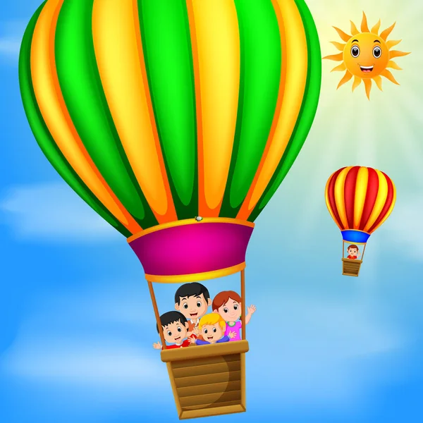 昼間で幸せな子供たちで飛行する熱気球 — ストックベクタ