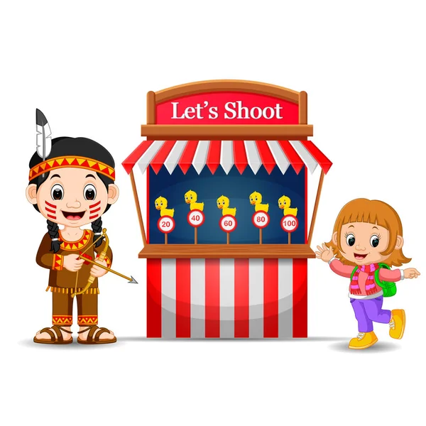 Cartoon Meisje Met Indiase Kostuum Circus Spel Stand — Stockvector