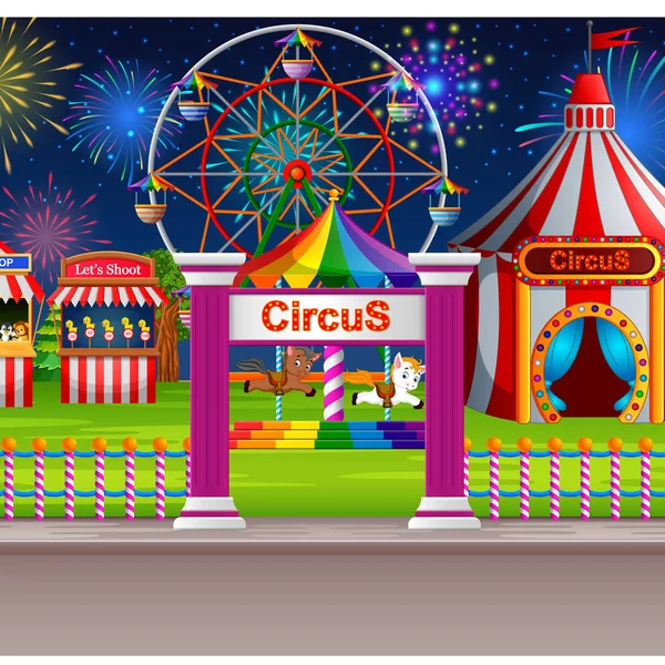 Scène Parc Attractions Avec Tente Cirque Feu Artifice — Image vectorielle