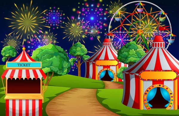 Scène Parc Attractions Avec Tente Cirque Feu Artifice — Image vectorielle