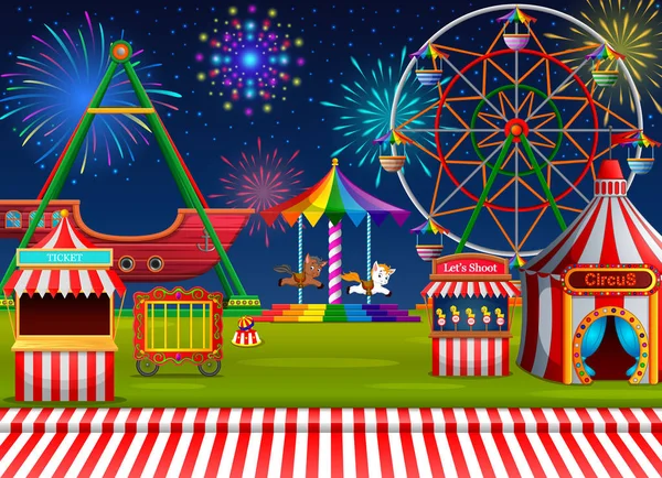 Scena Del Parco Divertimenti Con Tenda Circo Fuochi Artificio — Vettoriale Stock