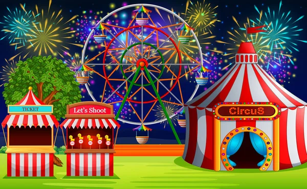 Escena Del Parque Atracciones Con Carpa Circo Fuegos Artificiales — Vector de stock