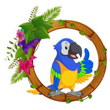 Yuvarlak ahşap çerçeve çiçek ile papağan