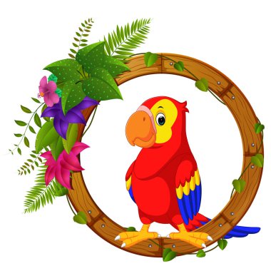 Yuvarlak ahşap çerçeve çiçek ile papağan