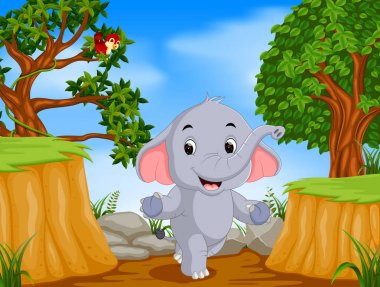 Fil ve dağ cliff sahne ile kuş