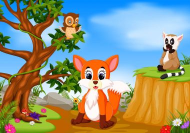 Fox, baykuşu ve lemur dağ cliff sahne ile