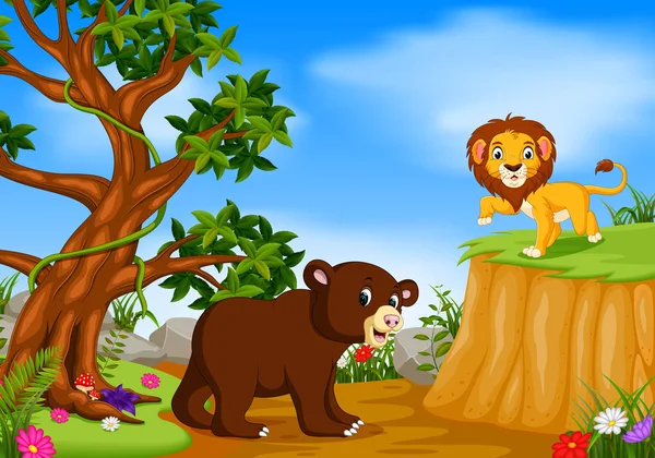 熊和狮子与山峭壁场面 — 图库矢量图片