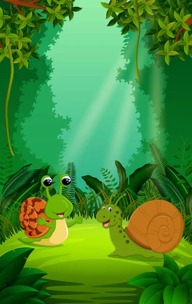 清澈绿色森林中的蜗牛 — 图库矢量图片