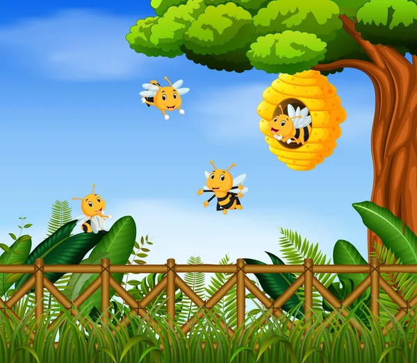 Σκηνή Τις Μέλισσες Πετούν Γύρω Από Την Απεικόνιση Κυψέλη — Διανυσματικό Αρχείο