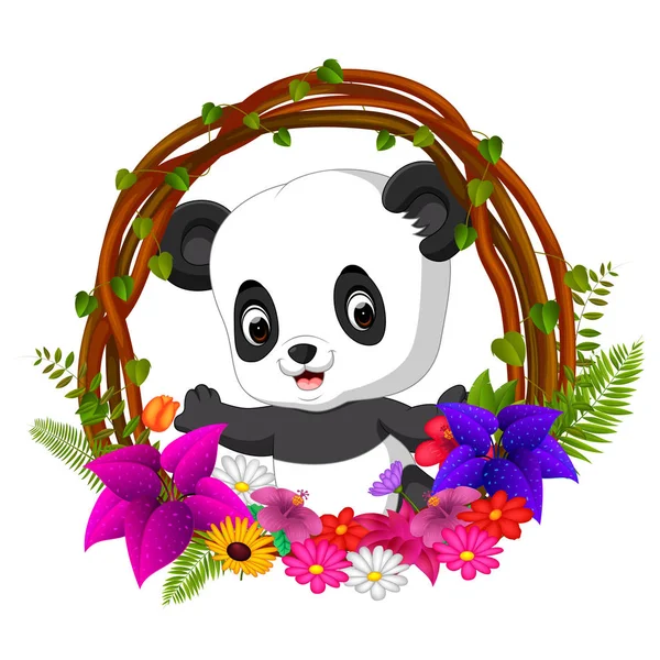 Panda Bonito Raiz Armação Árvore Com Flor —  Vetores de Stock