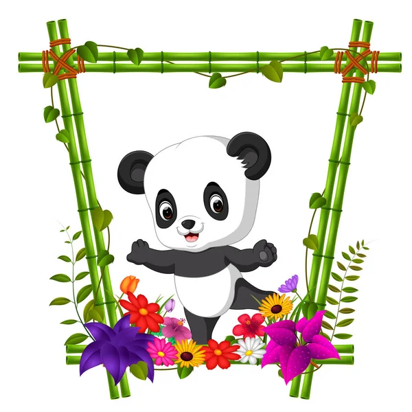 Lindo Panda Marco Bambú Con Escena Flores — Vector de stock