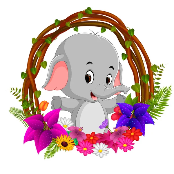 Elefante Lindo Raíz Del Marco Del Árbol Con Flor — Vector de stock