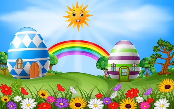 Illustratie Van Pasen Eieren Huis Met Regenboog Scène — Stockvector