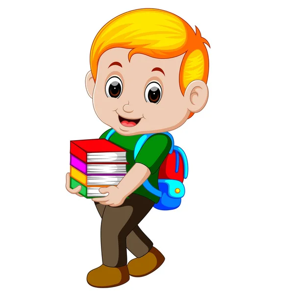 动画片男孩拿着一堆书与背包 — 图库矢量图片