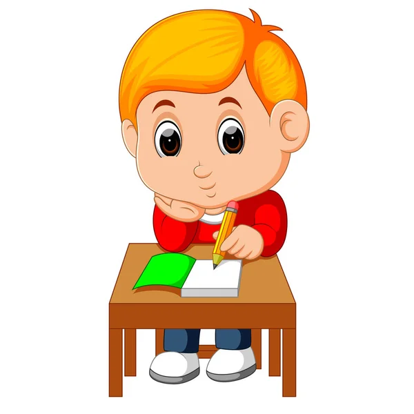 Cute Boy Writing Thinking Happy — Stock Vector