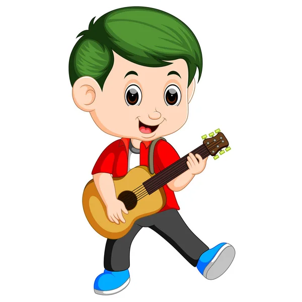 Счастливый Мальчик Играет Акустической Гитаре — стоковый вектор