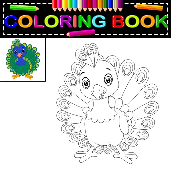 Carino Libro Colorare Pavone — Vettoriale Stock