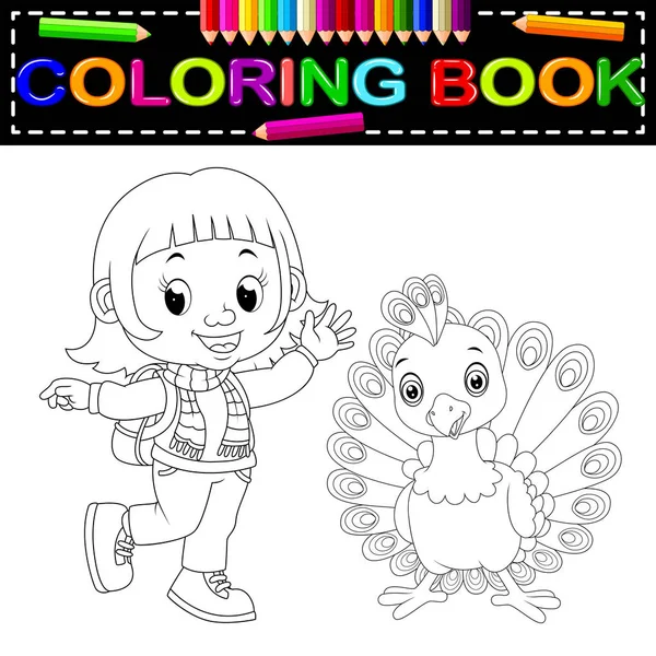 Schattig Meisje Peacock Coloring Boek — Stockvector