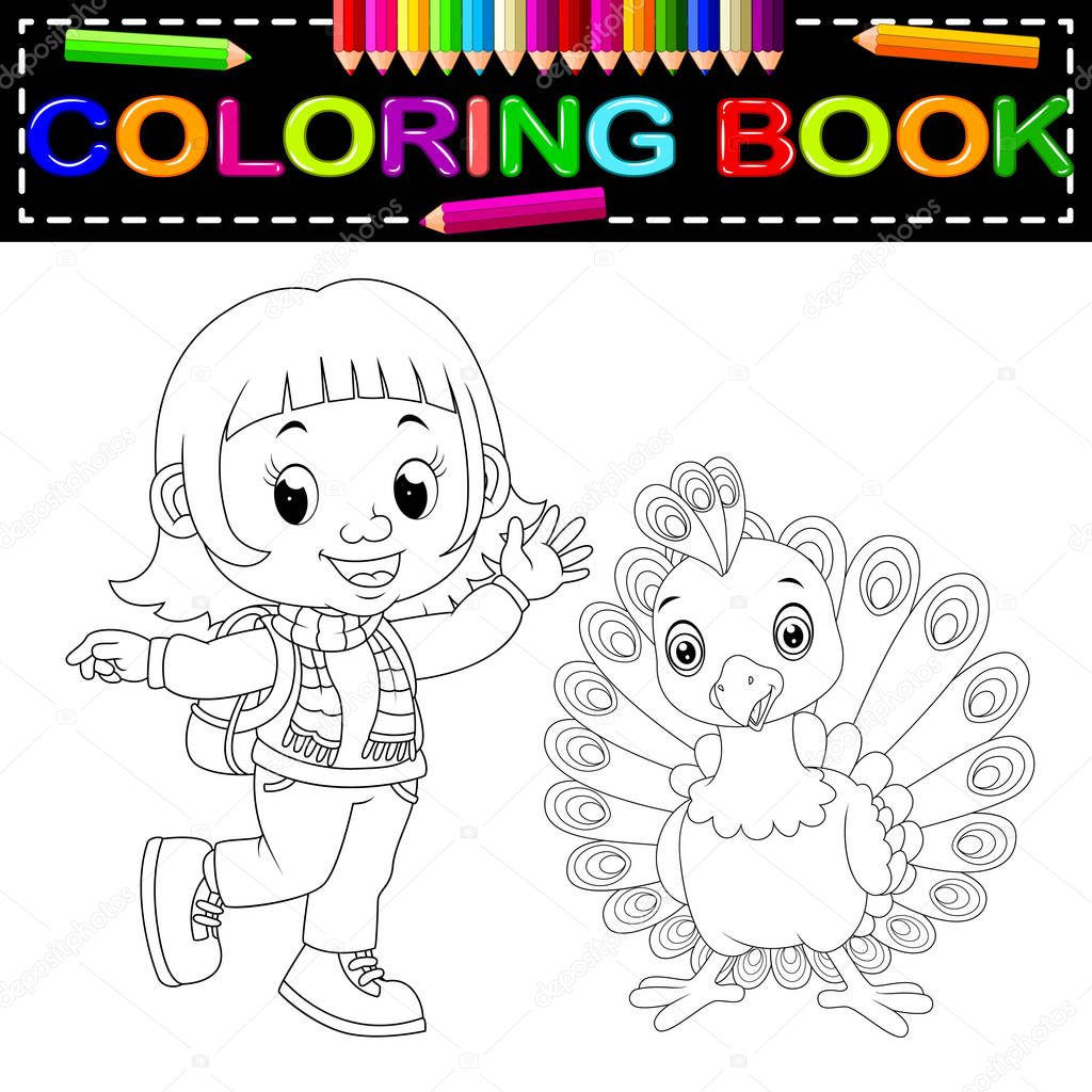 cute girl and peacock coloring book