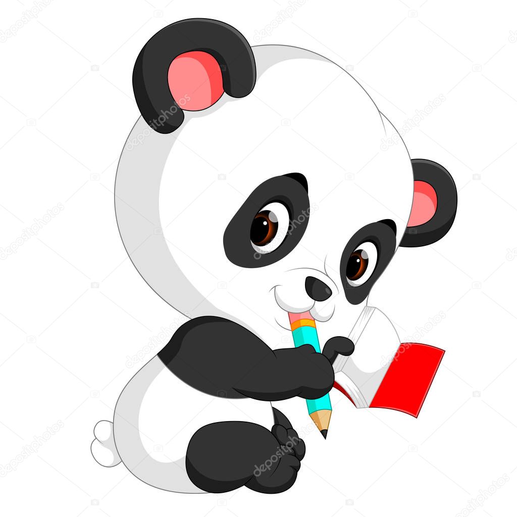 cute panda holding pencil and book