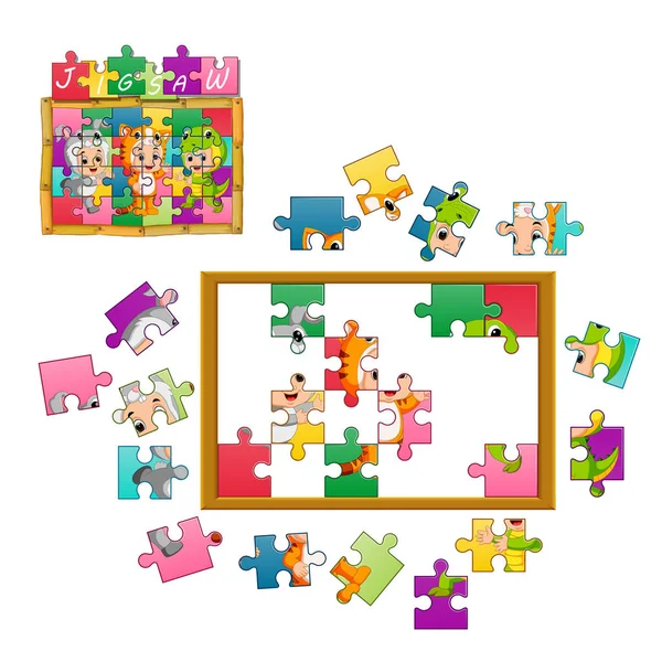 Jigsaw Puzzle Onderwijs Spel Met Kinderen Dragen Dieren Kostuum — Stockvector