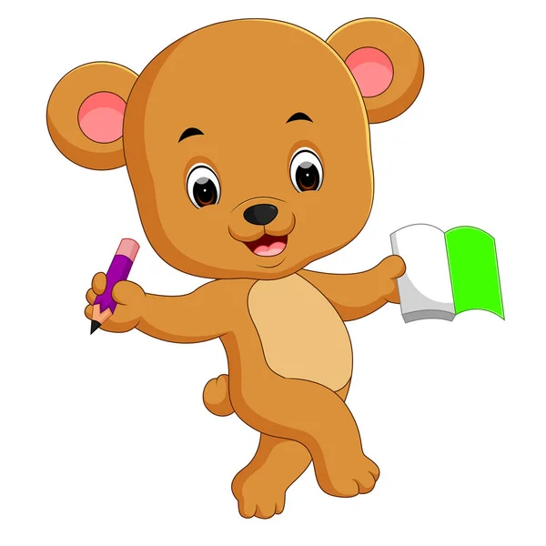 Cute Bear Holding Book Pencil — Stock Vector