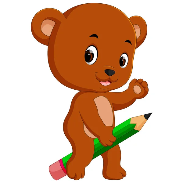 Cute Bear Riding Big Pencil — Stock Vector