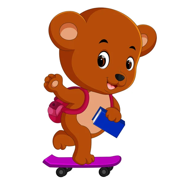 Cute Bear Holding Book Playing Skateboard — Stock Vector