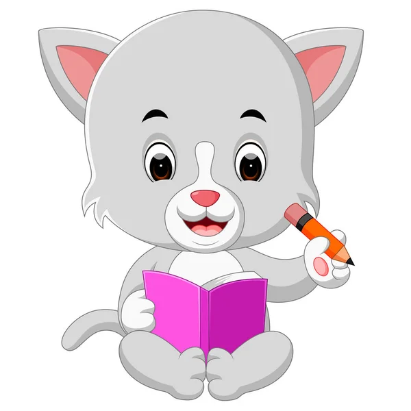 Katze Hält Buch Und Bleistift — Stockvektor
