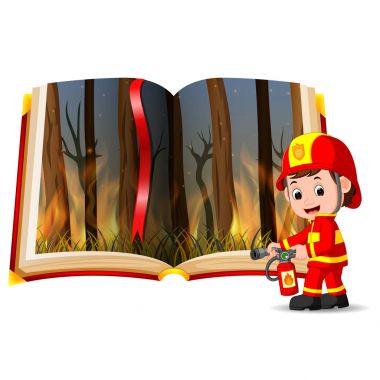 kitap ve itfaiyeci yanan orman