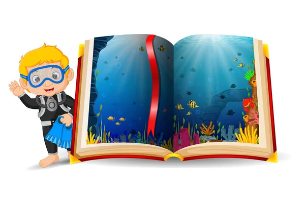 Okyanus Sahne Dalış Kostüm Giyen Çocuk — Stok Vektör