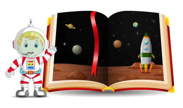 Paisaje Del Planeta Libro Niño Con Astronauta Disfraz — Archivo Imágenes Vectoriales