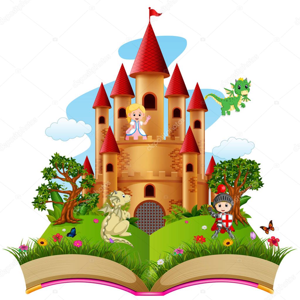 Castle with dragon and a knight in the storybook