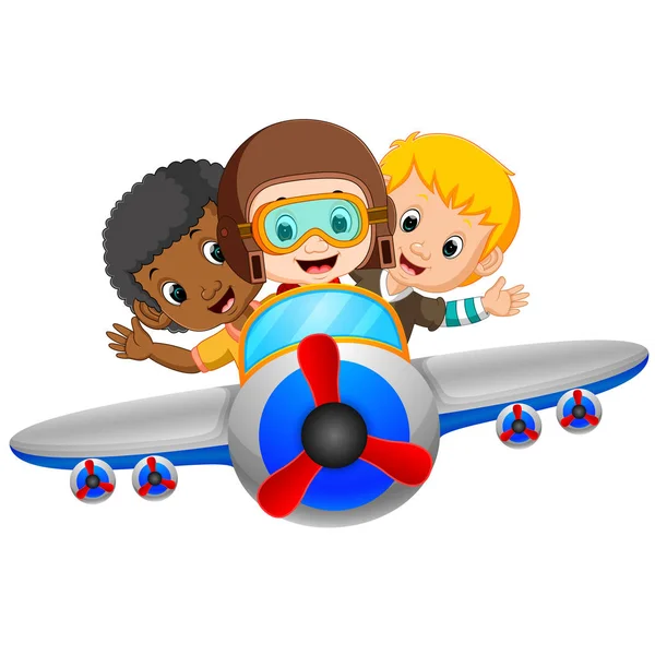 Cartoon Junge Reitet Fliegendes Flugzeug — Stockvektor