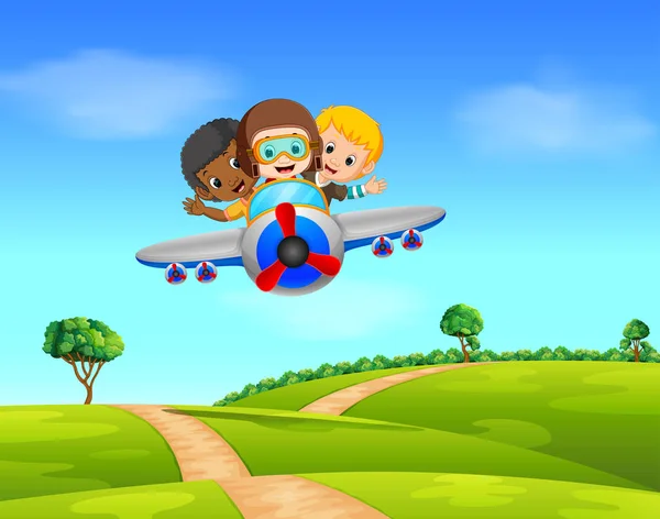 Tři Chlapci Létající Letadlo — Stockový vektor