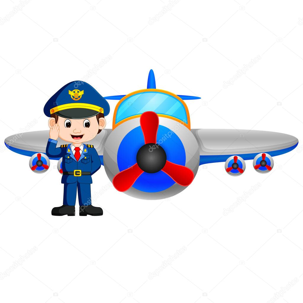 Pilot and jet plane on white background
