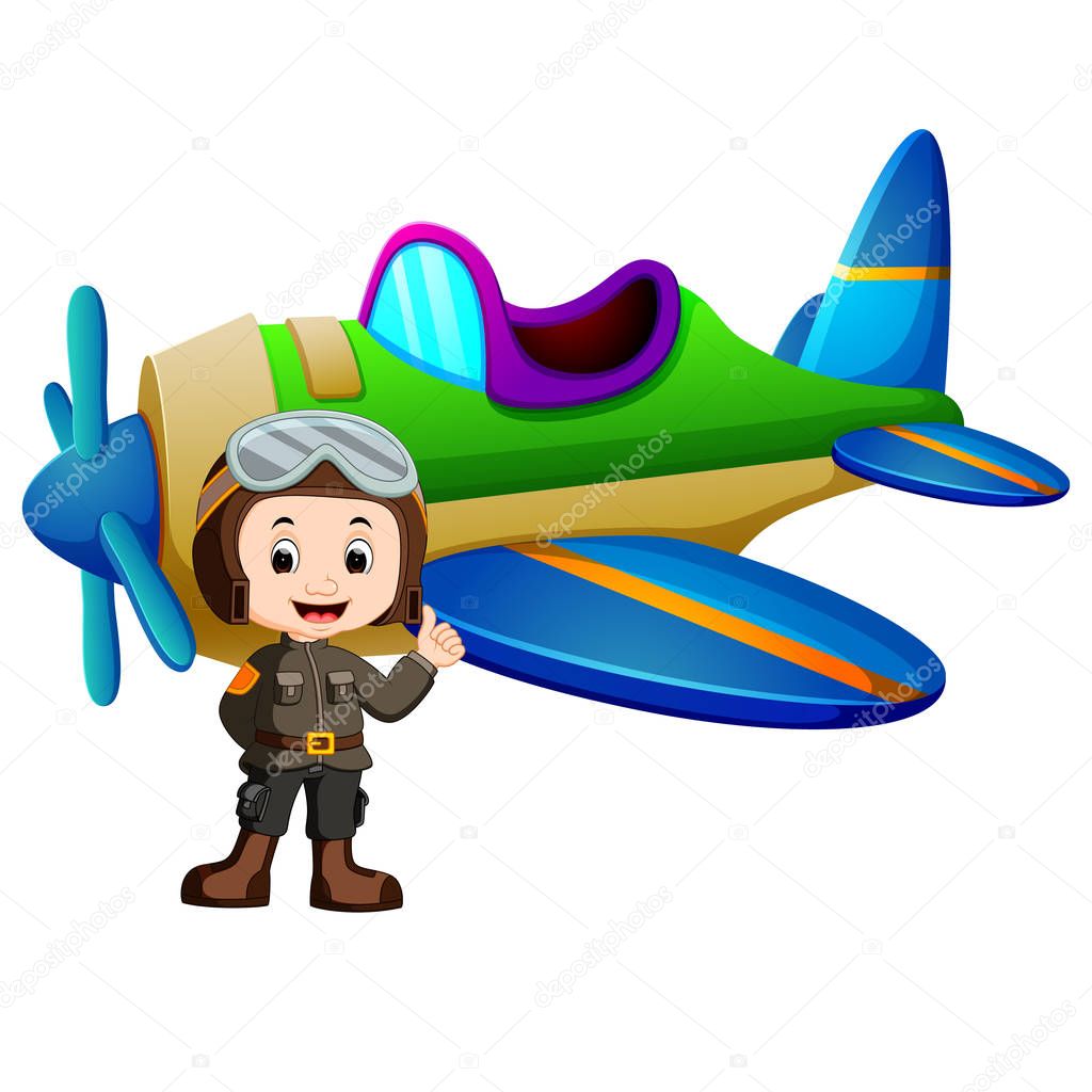 Pilot and jet plane on white background