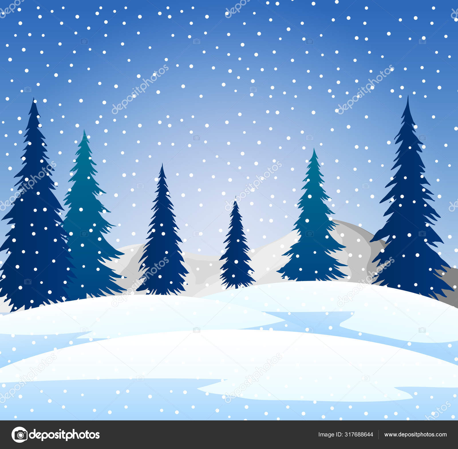 Winter Snowy In Hill Of Tree With Snowfall Background Design