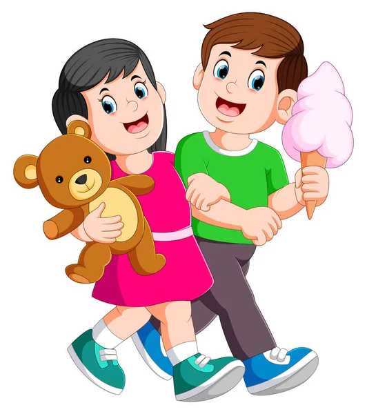 Junges Paar verbringt Romantik, während Dame Teddybär in den Händen hält — Stockvektor