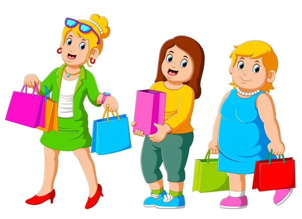 Alegre feliz tres mujer disfrutando de compras — Vector de stock