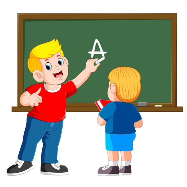 Vader geeft les aan zoontje met schoolbord op achtergrond — Stockvector