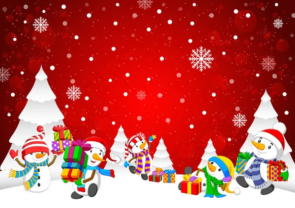 Sfondo natalizio invernale con pupazzo di neve e scatole regalo — Vettoriale Stock