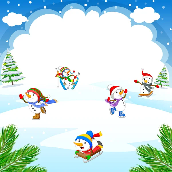 Fondo de Navidad invierno con muñeco de nieve jugando patines de hielo, esquí, paseo en trineo — Vector de stock
