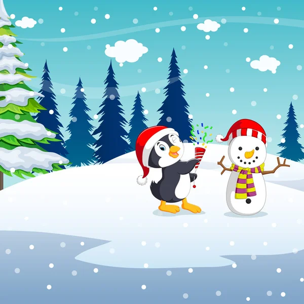 Winter Kerst Achtergrond met pinguïn handgemaakte sneeuwpop — Stockvector