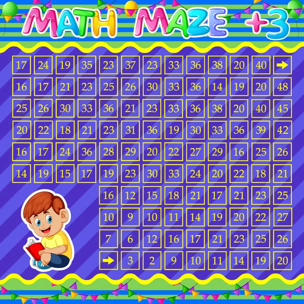 Math Maze Addition Worksheet with cute boy reading book — 스톡 벡터